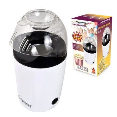 Máquina de fazer pipocas elétrica branca e preta com tampa transparente ao lado da sua caixa amarela
