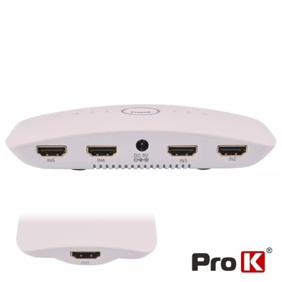 Dispositivo branco Pro K com várias portas HDMI e entrada DC 5V