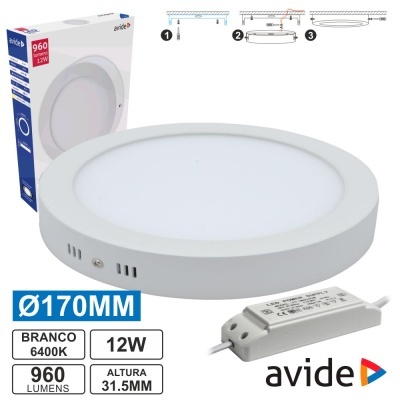 Luz de teto LED redonda branca com transformador e embalagem da marca avide