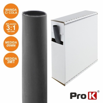 Manga preta isolante com cola, caixa branca e texto informativo