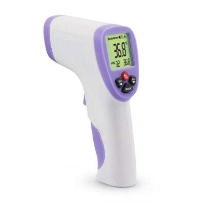 Termómetro infravermelho branco com detalhes lilás e ecrã digital verde