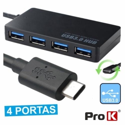 Concentrador USB 3.0 preto com 4 portas e conector USB-C