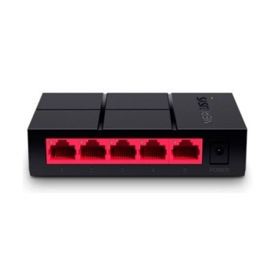 Switch de rede Verbatim preto com cinco portas vermelhas e luz LED verde