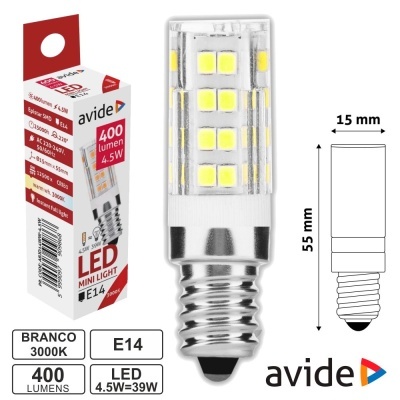 Lâmpada LED mini tubular Avide E14 3000K 400 lúmens 4,5W