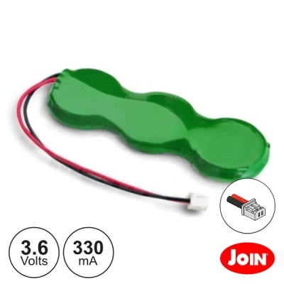 Bateria recarregável verde com cabo e conector, texto 3.6 Volts 330 mA e logo JOIN