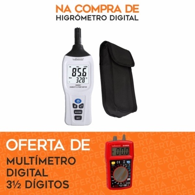 Higrómetro digital branco com visor LCD, bolsa preta e multímetro digital vermelho numa oferta
