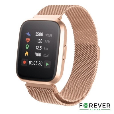 Smartwatch com caixa e pulseira em metal ouro rosa com ecrã digital e texto FOREVER ACTIVE