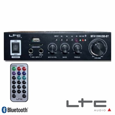 Amplificador LTC MFA1200USB-BT preto com botão de volume, USB, microfone e comando remoto colorido