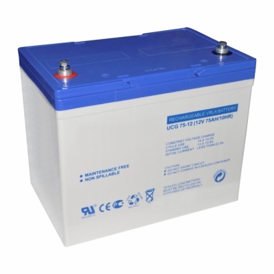 Bateria recarregável VRLA azul e branca com texto e símbolos de certificação