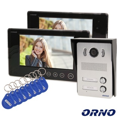 Conjunto videoporteiro ORNO com duas telas, unidade externa metálica e oito chaves RFID azuis