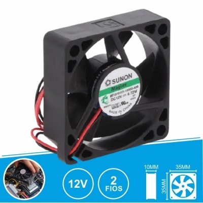 Ventoinha elétrica preta quadrada com etiqueta branca e fios vermelhos e pretos