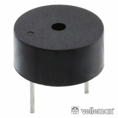 Buzzer eletrónico preto cilíndrico com dois pinos metálicos