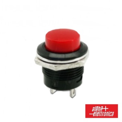 Botão pulsador vermelho com base preta e conetores metálicos