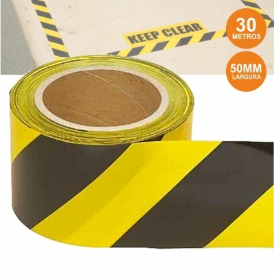 Fita adesiva preta e amarela para sinalização com texto KEEP CLEAR