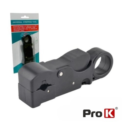 Ferramenta universal de desencapar cabos preta em embalagem com fundo branco, texto em inglês e logótipo Pro K