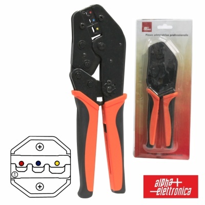 Alicate de crimpar profissional laranja e preto com embalagem e cartão vermelho e branco alpha elettronica