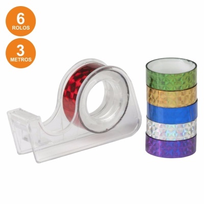 6 rolos de fita decorativa colorida com suporte transparente para fita adesiva