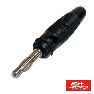 Plugue banana preto com ponta metálica prateada e logótipo alpha elettronica