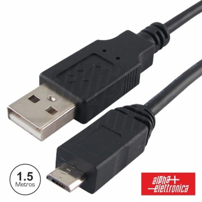 Cabo USB preto com conetor USB tipo A e micro USB, 1,5 metros, logótipo alpha elettronica
