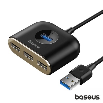 Hub USB Baseus preto com três portas USB 3.0 e cabo USB-A