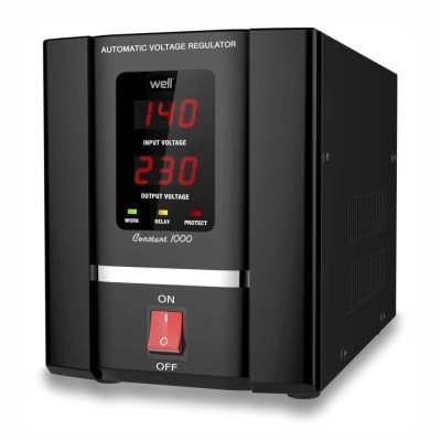 Regulador automático de voltagem preto com display digital vermelho e interruptor vermelho