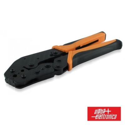 Alicate de crimpar preto e laranja com logótipo Alpha Elettronica