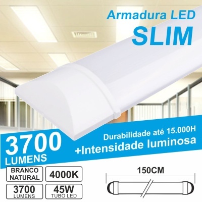 Armadura LED slim branca com especificações técnicas impressas