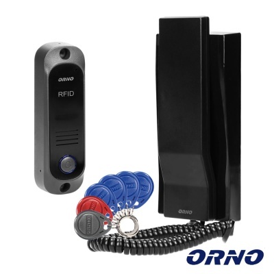 Intercomunicador preto com leitor RFID e tarjeter azul, vermelho e cinza da marca ORNO