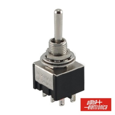 Interruptor de alavanca metálico preto com pinos e texto gravado