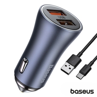 Adaptador Ficha Isqueiro 2 USB-A 5V 40W C Cabo USB-C BASEUS