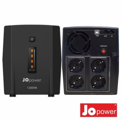 Nobreak preto JOpower 1200VA com quatro tomadas e indicador de bateria