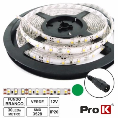 fita LED verde com fundo branco e conetor preto