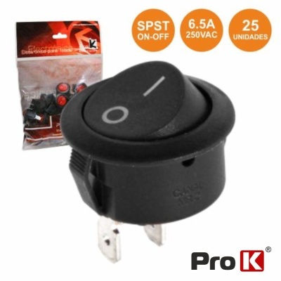 Interruptor redondo preto com símbolo ligado/desligado, pacote com 25 unidades e texto técnico