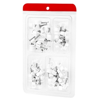 Conjunto de presilhas de metal com ponta plástica branca em embalagem transparente com aba vermelha