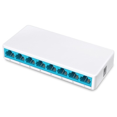 Interruptor de rede branco com 8 portas RJ45 azuis