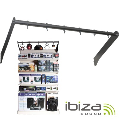 Estrutura metálica preta com equipamento de som apresentado em expositor branco com a marca ibiza SOUND