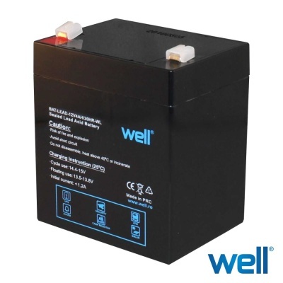 Bateria selada de ácido preto com texto branco e azul da marca Well