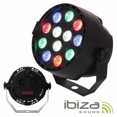 Reflector de luz LED preto com LEDs coloridos e display digital.