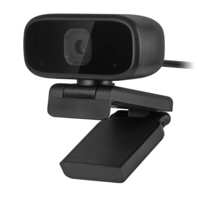 Webcam preta com suporte articulado e lente quadrada