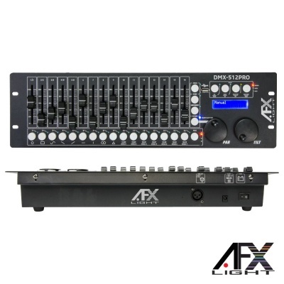 Painel de controlo DMX-512PRO AFX Light preto com sliders, botões e display azul