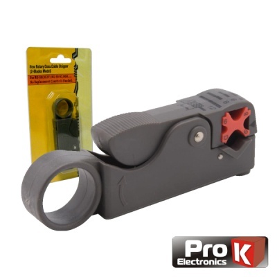 Ferramenta cinza para desencapar cabos coaxiais com embalagem e logótipo Pro Electronics