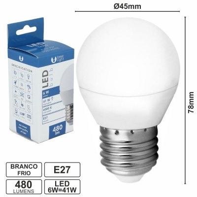 LÂMPADA E27 6W=41W 230V LEDS SMD GLOBO BRANCO FRIO 480LM