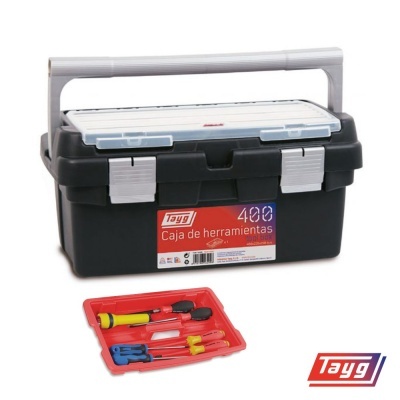 Caixa de ferramentas preta Tayg 400 com tampa transparente e bandeja de ferramentas vermelha