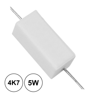 Resistor retangular de cerâmica branco com terminais metálicos e indicações 4K7 5W
