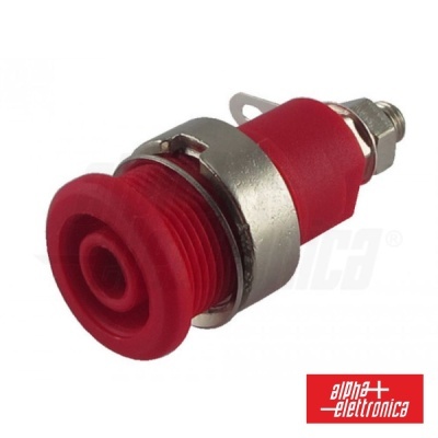 Conector elétrico vermelho com anel metálico e logotipo alpha elettronica