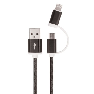 Cabo USB preto com adaptador micro-USB e Lightning