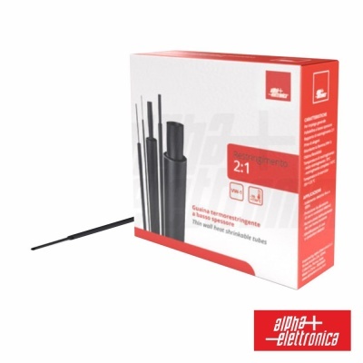 Caixa de tubos termorretráteis branca e vermelha com texto e logotipo alpha elettronica