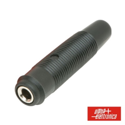 Conector áudio jack preto com logótipo Alpha Elettronica