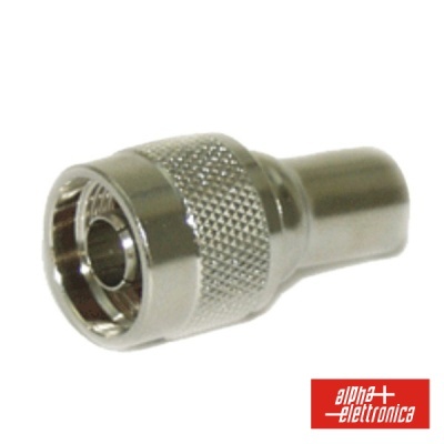 Conector metálico prateado com textura canelada em fundo branco e logotipo alpha elettronica