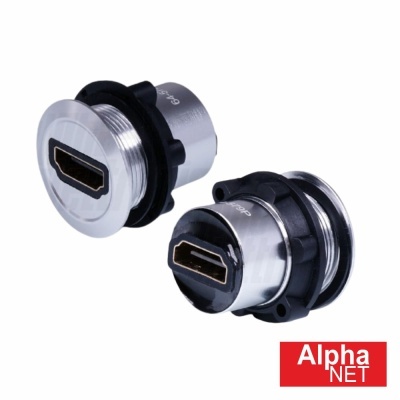 Conjunto de duas tomadas HDMI metálicas com anéis de vedação pretos e acabamento prateado